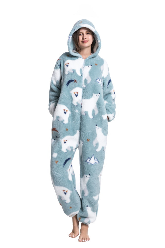 Pigiama animale intero ORSO BIANCO, pigiamone invernale in pile, costume carnevale Halloween cosplay, unisex bambino e adulto