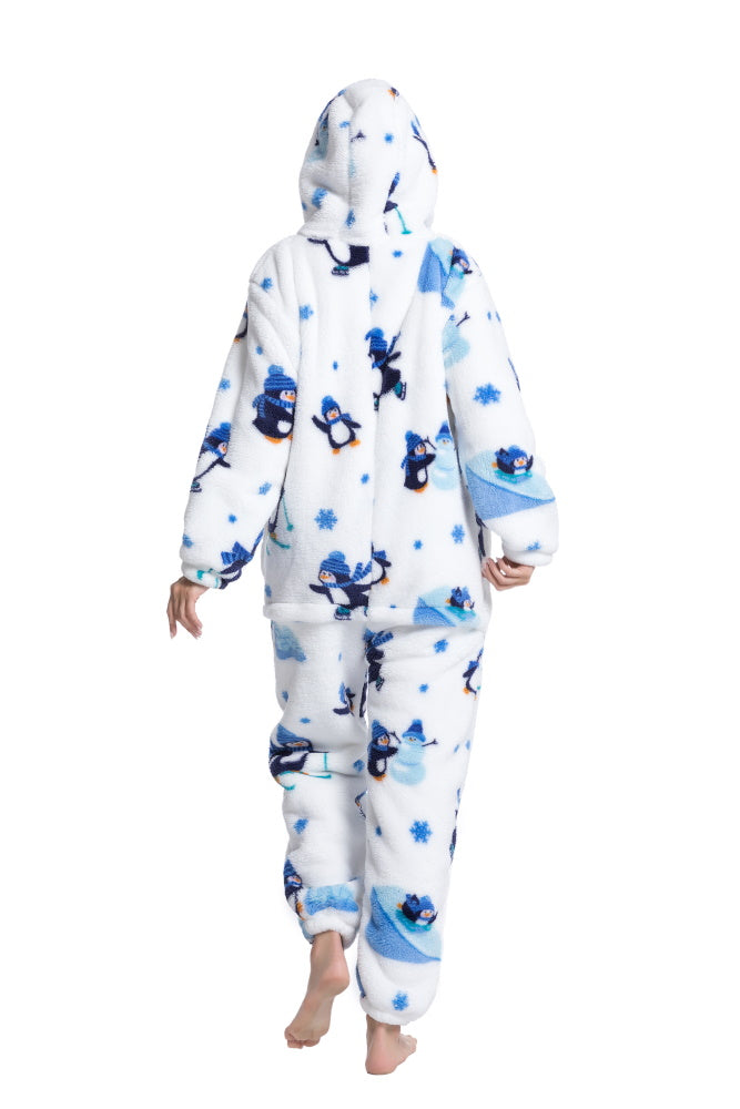 Pigiama animale intero PINGUINO, pigiamone invernale in pile, costume carnevale Halloween cosplay, unisex bambino e adulto