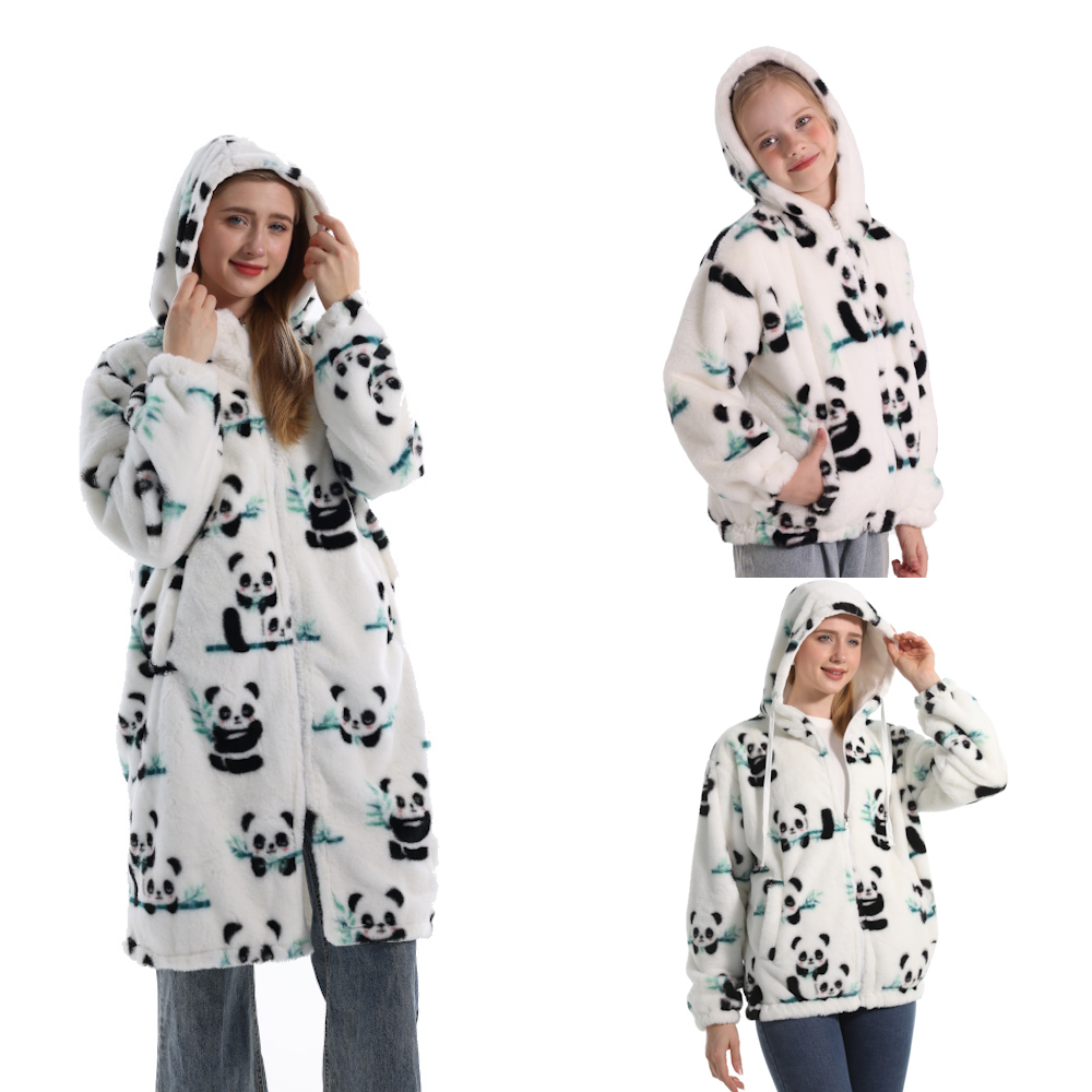 Felpa PANDA giacca invernale con cappuccio e tasche, unisex per adulti e bambini, in pile flanella, calda e morbida, colori divertenti