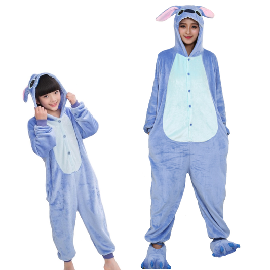 Pigiama animale intero BLU, pigiamone invernale in flanella, costume carnevale cosplay, unisex adulto e bambino