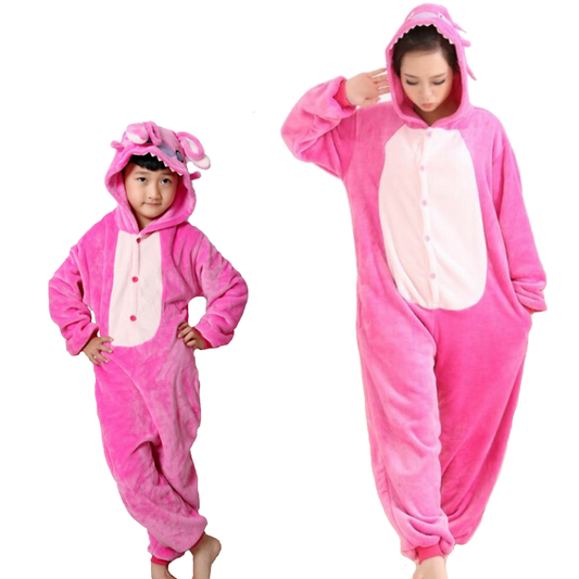 Pigiama animale intero ROSA, pigiamone invernale in flanella, costume carnevale cosplay, unisex adulto e bambino