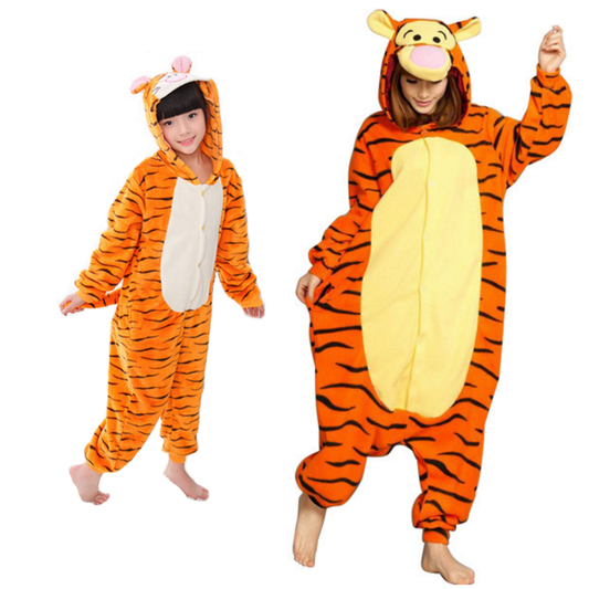 Pigiama animale intero TIGRE, pigiamone invernale in flanella, costume carnevale cosplay, unisex adulto e bambino