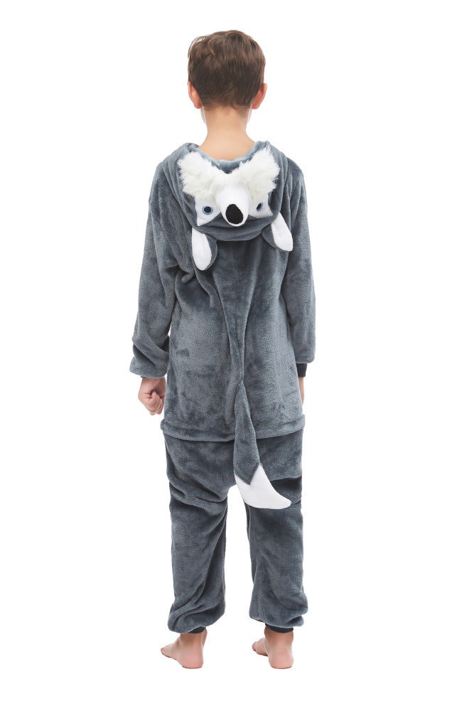 Pigiama animale intero LUPO GRIGIO, pigiamone invernale in flanella, costume carnevale cosplay, unisex adulto e bambino