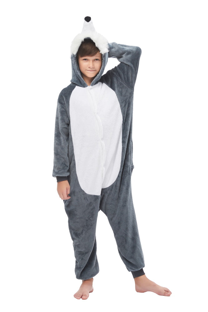 Pigiama animale intero LUPO GRIGIO, pigiamone invernale in flanella, costume carnevale cosplay, unisex adulto e bambino