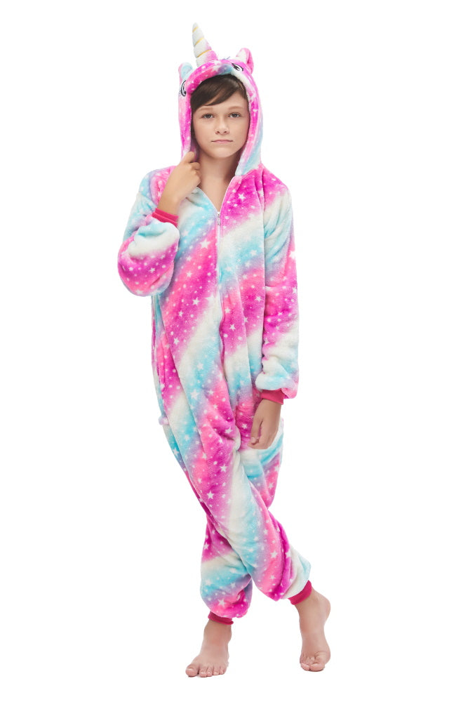 Pigiama animale intero UNICORNO FUCSIA, pigiamone invernale in flanella, costume carnevale cosplay unisex adulto bambino