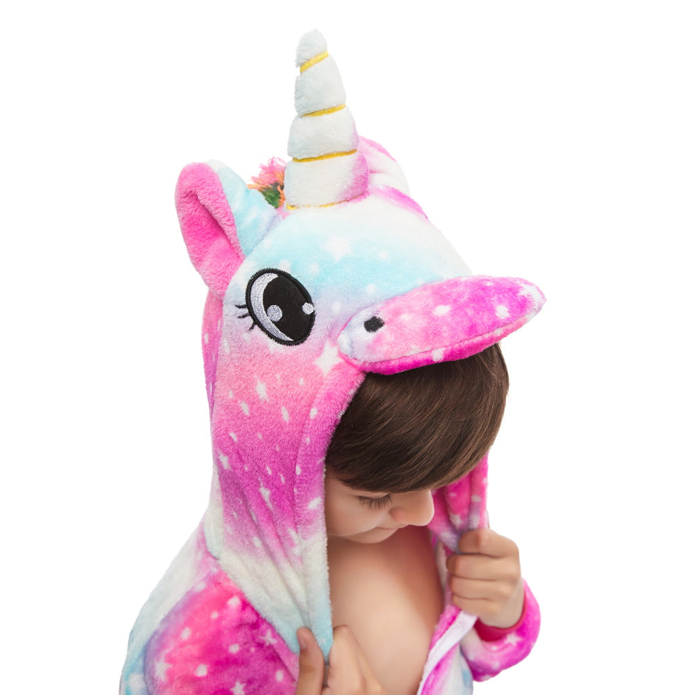 Pigiama animale intero UNICORNO FUCSIA, pigiamone invernale in flanella, costume carnevale cosplay unisex adulto bambino