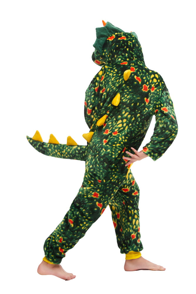 Pigiama animale intero DINOSAURO VERDE, pigiamone invernale in flanella, costume carnevale cosplay unisex adulto bambino