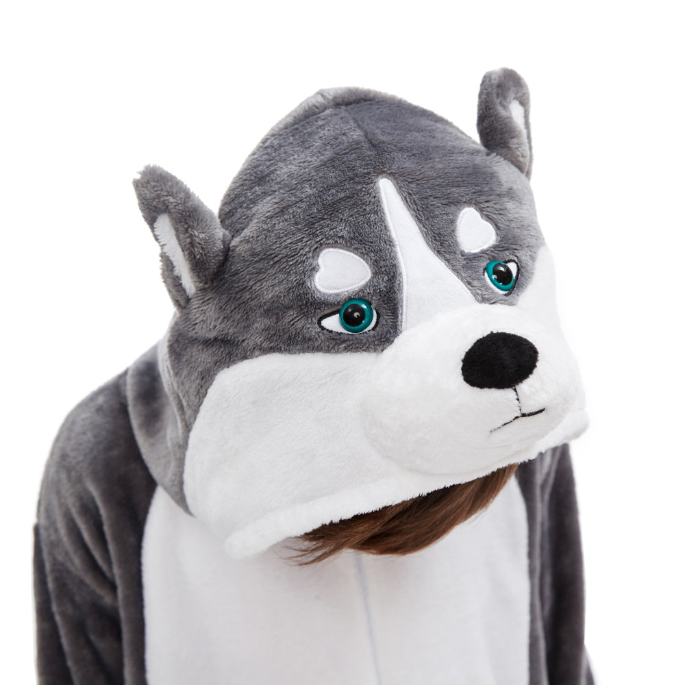 Pigiama pigiamone animale in flanella intero HUSKY GRIGIO, pigiama invernale, costume carnevale cosplay adulto bambino