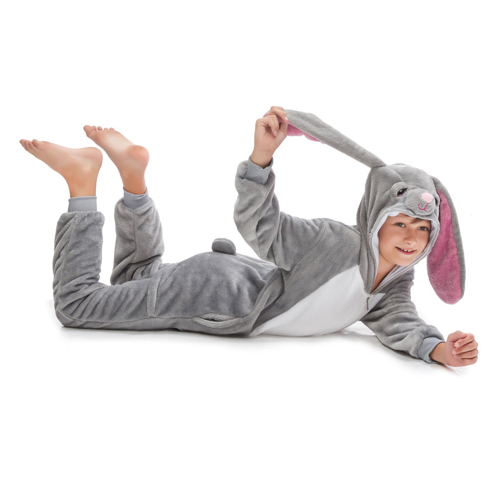 Pigiama pigiamone animale in flanella intero CONIGLIO GRIGIO, pigiama invernale, costume carnevale cosplay unisex adulto bambino