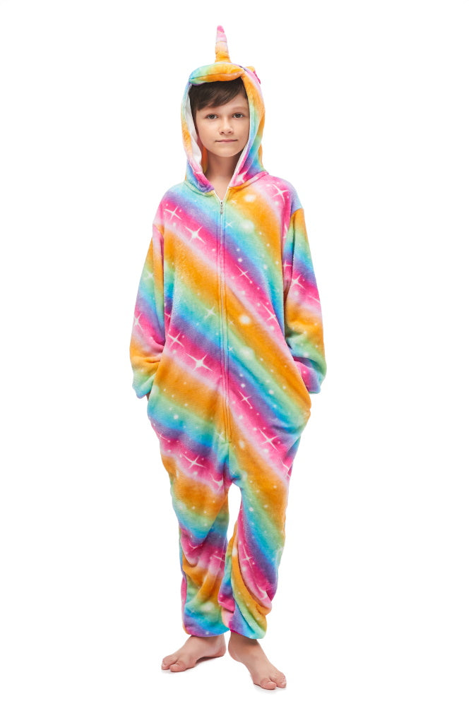 Pigiama animale intero UNICORNO ARCOBALENO, pigiamone invernale in flanella, carnevale cosplay unisex adulto bambino