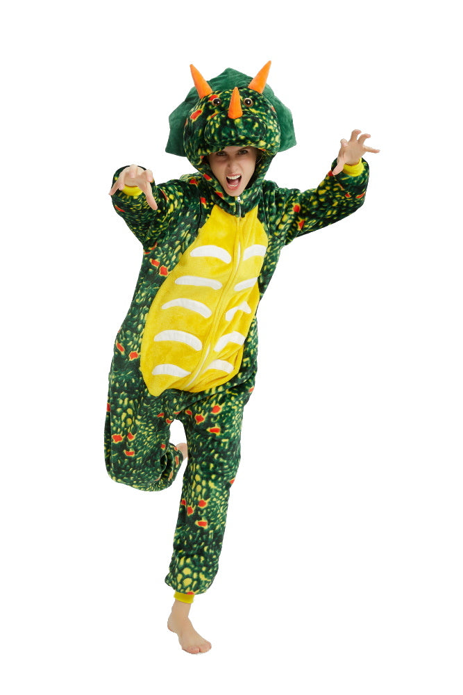 Pigiama animale intero DINOSAURO VERDE, pigiamone invernale in flanella, costume carnevale cosplay unisex adulto bambino