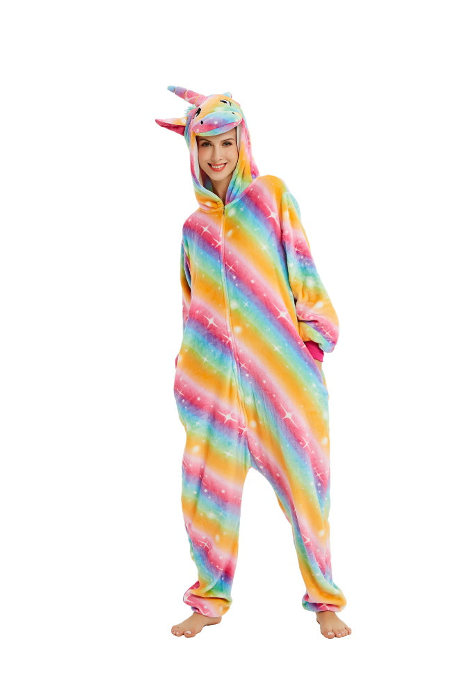 Pigiama animale intero UNICORNO ARCOBALENO, pigiamone invernale in flanella, carnevale cosplay unisex adulto bambino