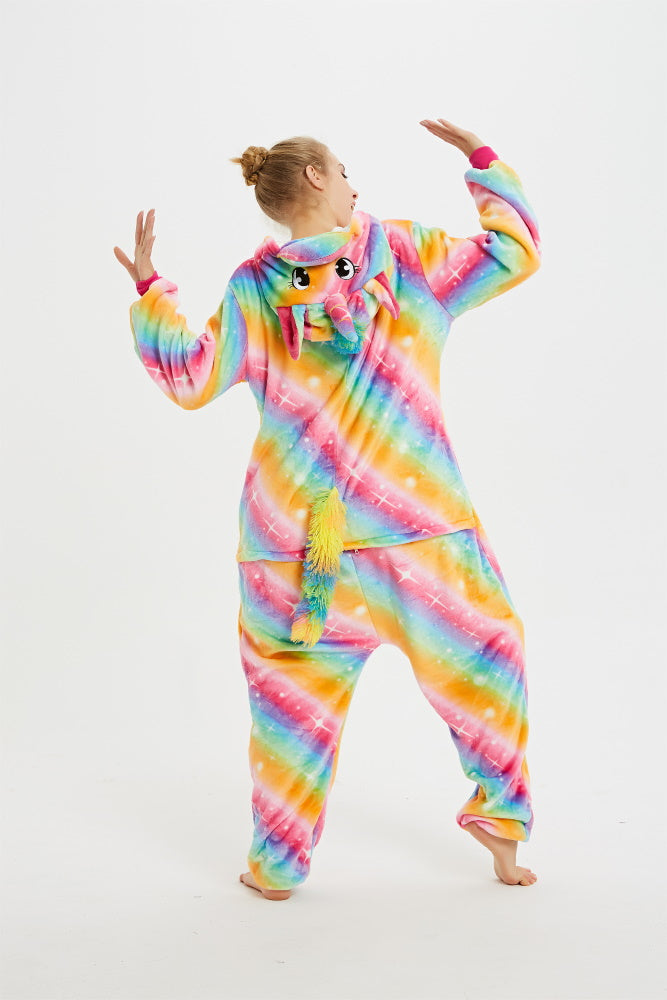 Pigiama animale intero UNICORNO ARCOBALENO, pigiamone invernale in flanella, carnevale cosplay unisex adulto bambino