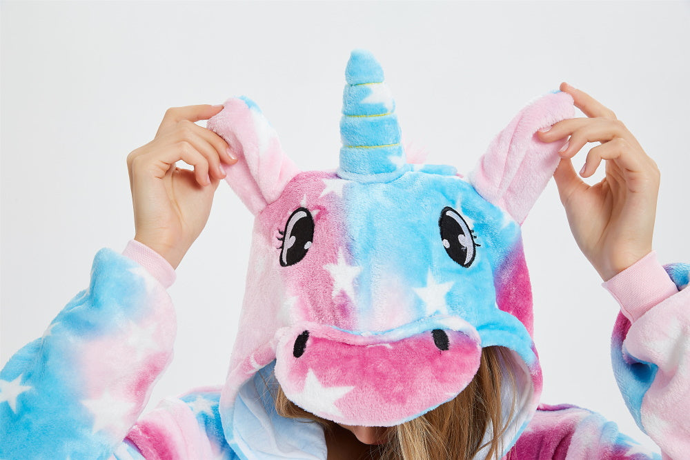 Pigiama animale intero UNICORNO STELLA, pigiamone invernale in flanella, costume carnevale cosplay unisex adulto bambino