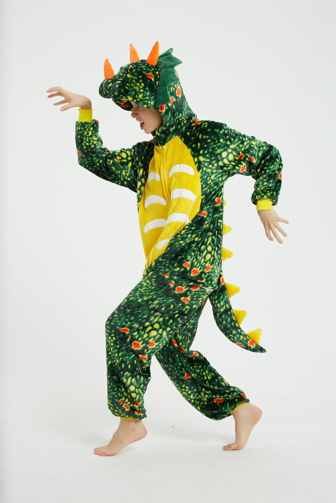 Pigiama animale intero DINOSAURO VERDE, pigiamone invernale in flanella, costume carnevale cosplay unisex adulto bambino