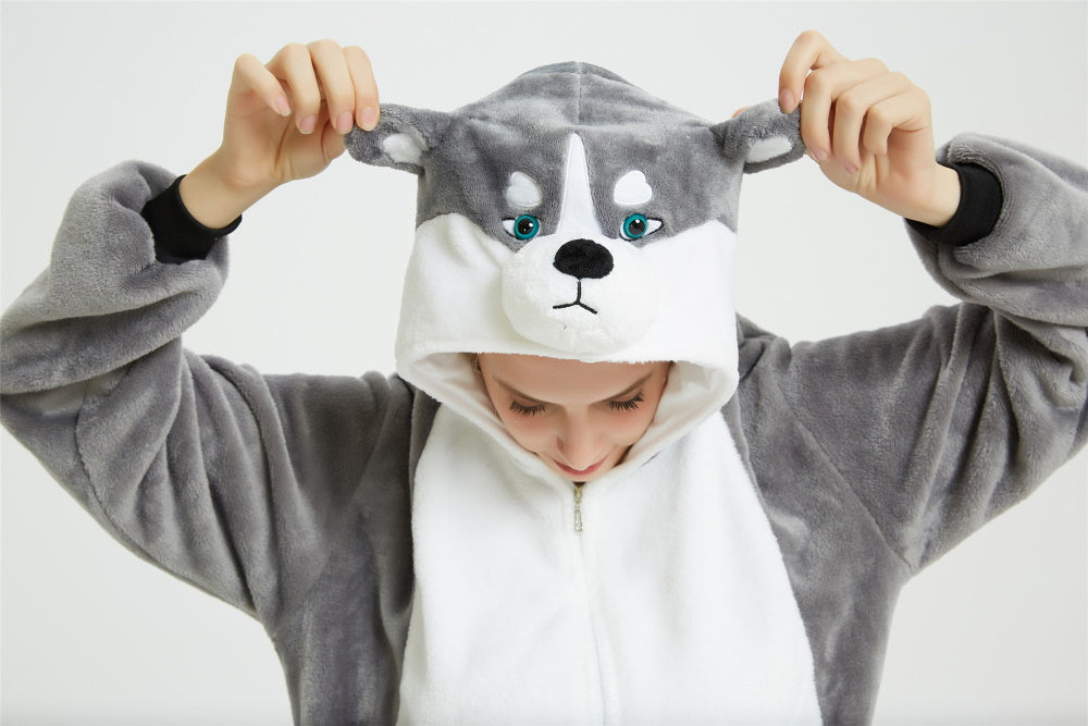 Pigiama pigiamone animale in flanella intero HUSKY GRIGIO, pigiama invernale, costume carnevale cosplay adulto bambino