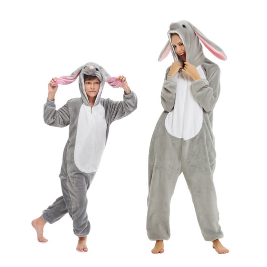 Pigiama pigiamone animale in flanella intero CONIGLIO GRIGIO, pigiama invernale, costume carnevale cosplay unisex adulto bambino