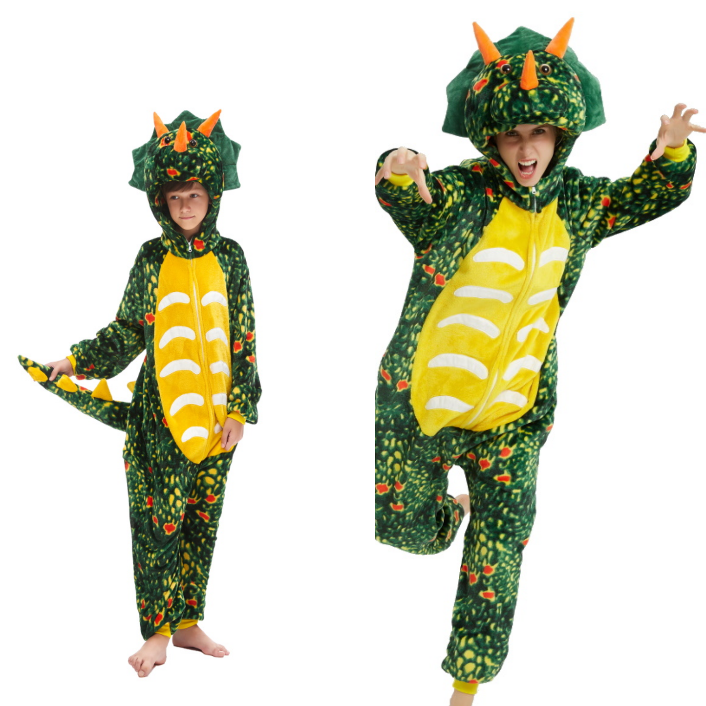 Pigiama animale intero DINOSAURO VERDE, pigiamone invernale in flanella, costume carnevale cosplay unisex adulto bambino