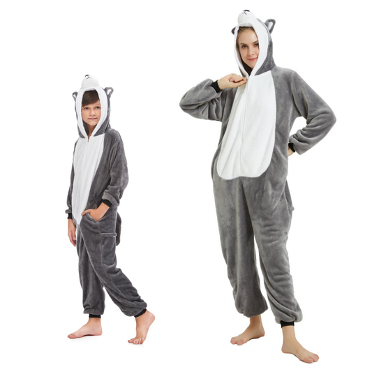 Pigiama pigiamone animale in flanella intero HUSKY GRIGIO, pigiama invernale, costume carnevale cosplay adulto bambino