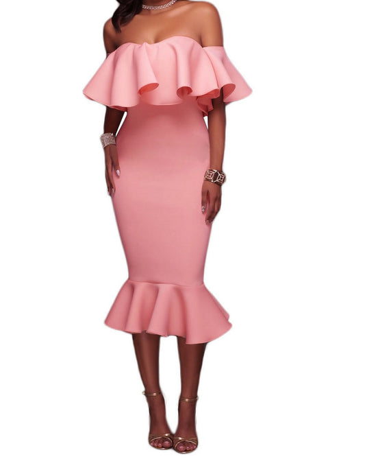 Elegante vestito a tubino per cerimonia da donna con scollo a barchetta increspato