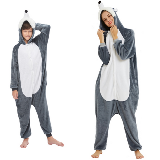 Pigiama animale intero LUPO GRIGIO, pigiamone invernale in flanella, costume carnevale cosplay, unisex adulto e bambino