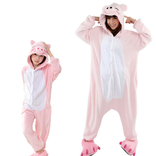 Pigiama animale intero MAIALINO ROSA, pigiamone invernale in flanella, costume carnevale cosplay unisex adulto e bambino