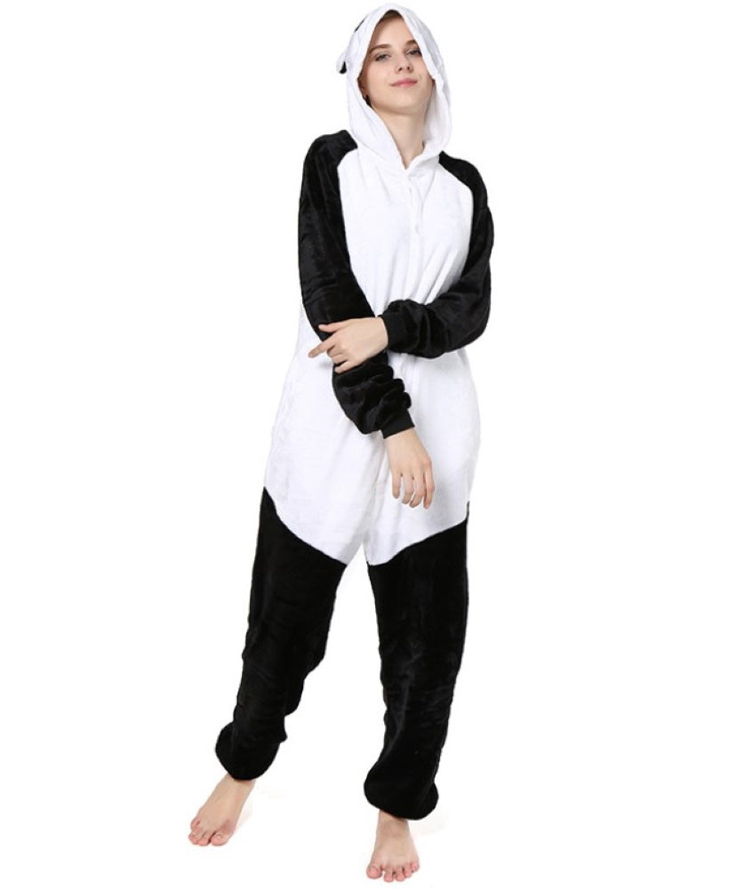 Pigiama pigiamone animale in flanella intero PANDA, pigiama invernale, costume carnevale Halloween cosplay unisex adulto e bimbo