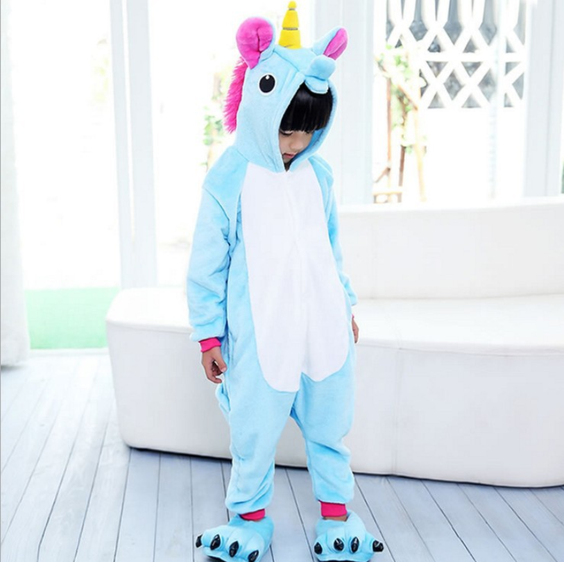 Pigiama pigiamone animale in flanella intero UNICORNO AZZURRO, pigiama invernale, costume carnevale cosplay unisex adulto bimbo