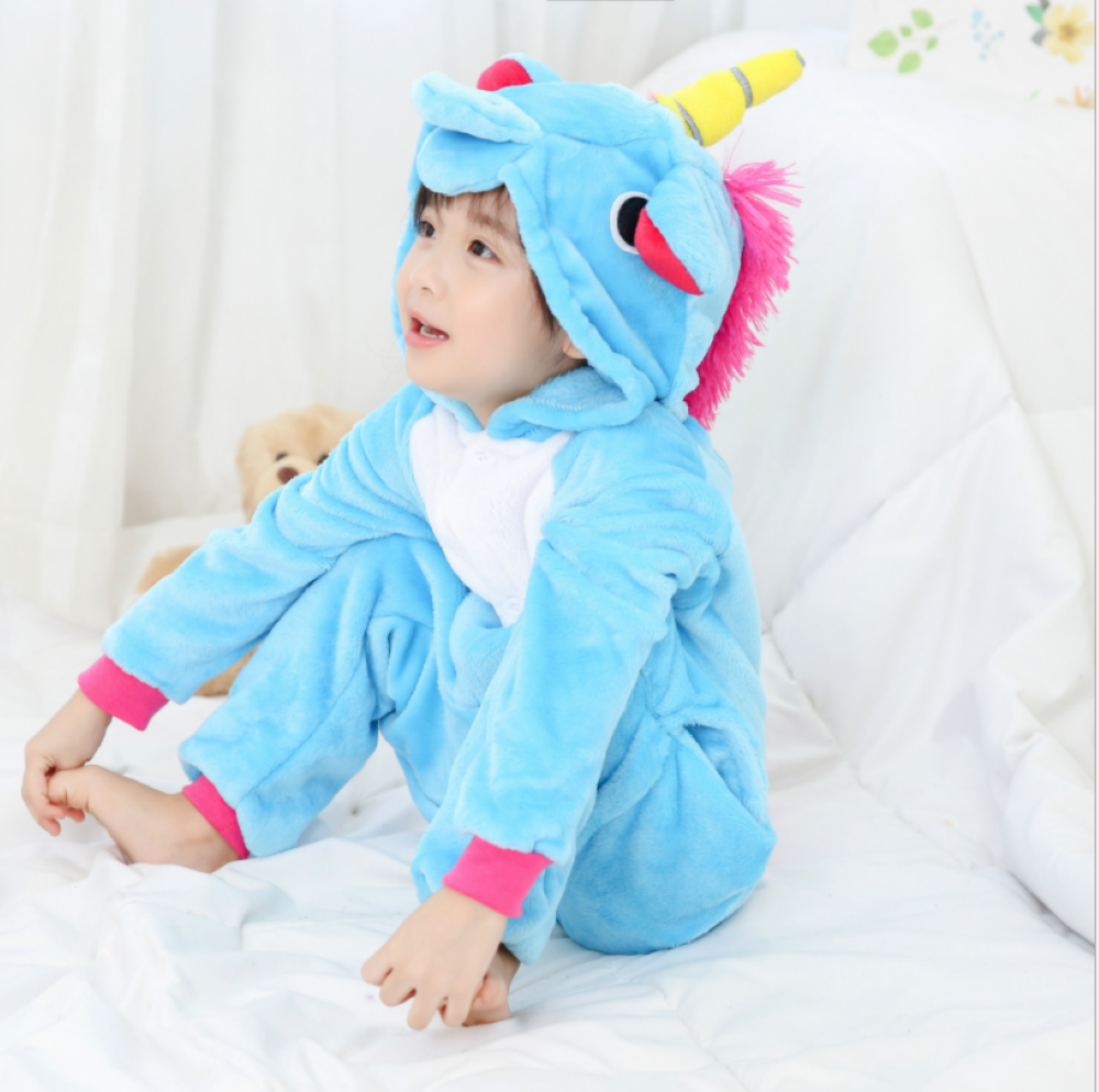 Pigiama pigiamone animale in flanella intero UNICORNO AZZURRO, pigiama invernale, costume carnevale cosplay unisex adulto bimbo