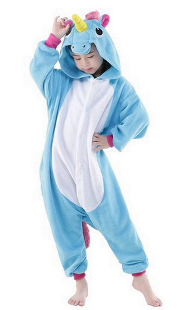 Pigiama pigiamone animale in flanella intero UNICORNO AZZURRO, pigiama invernale, costume carnevale cosplay unisex adulto bimbo