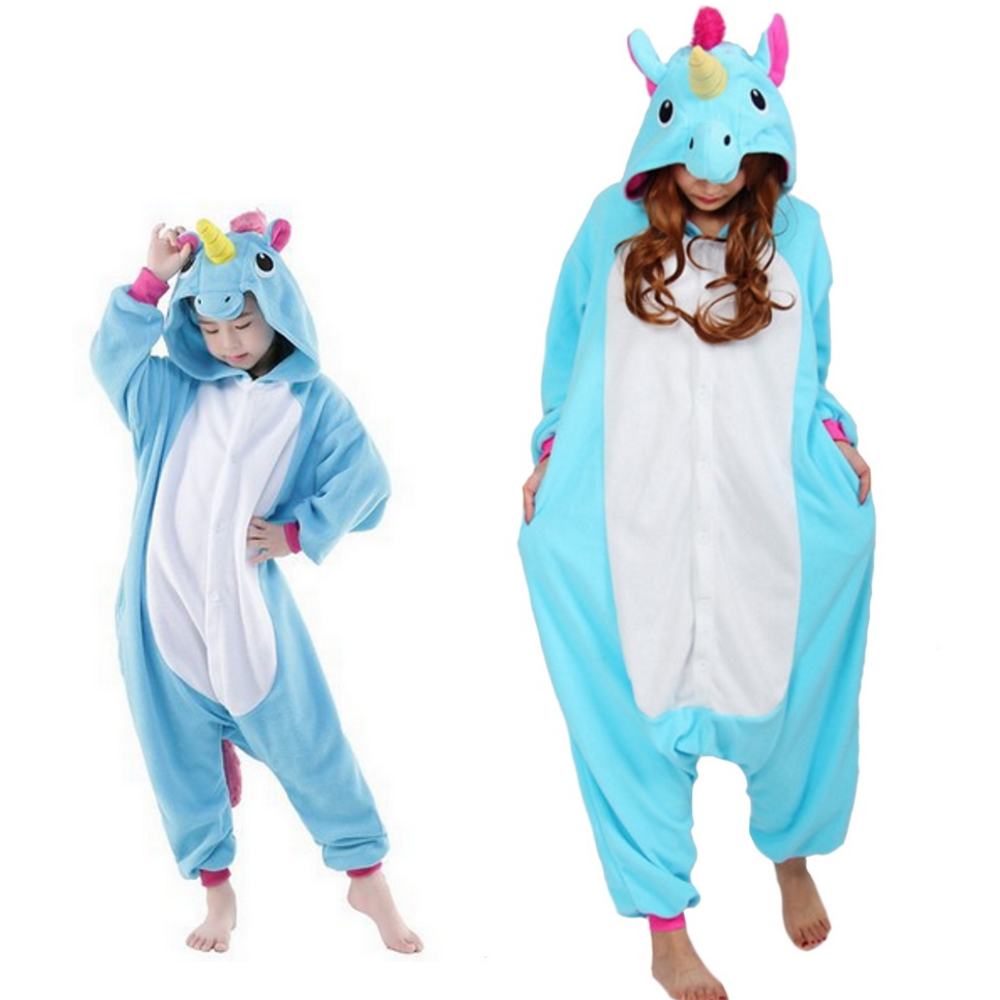 Pigiama pigiamone animale in flanella intero UNICORNO AZZURRO, pigiama invernale, costume carnevale cosplay unisex adulto bimbo