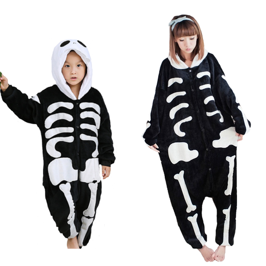 Pigiama animale intero SCHELETRO, pigiamone invernale in flanella, costume carnevale cosplay, unisex adulto e bambino