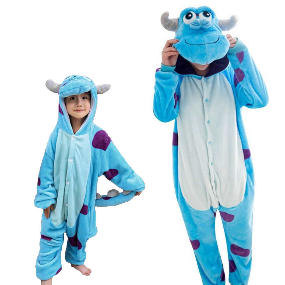 Pigiama animale intero DRAGO AZZURRO, pigiamone invernale in flanella, costume carnevale cosplay, unisex adulto e bambino