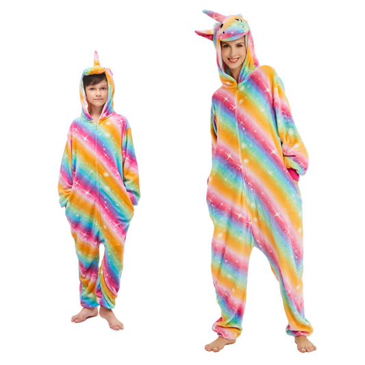 Pigiama animale intero UNICORNO ARCOBALENO, pigiamone invernale in flanella, carnevale cosplay unisex adulto bambino