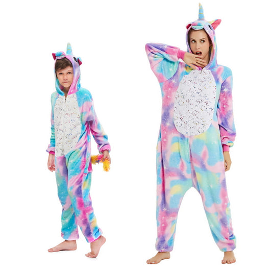 Pigiama animale intero UNICORNO AZZURRO, pigiamone invernale in flanella, costume carnevale cosplay unisex adulto bimbo