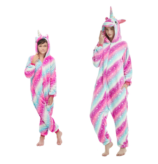 Pigiama animale intero UNICORNO FUCSIA, pigiamone invernale in flanella, costume carnevale cosplay unisex adulto bambino