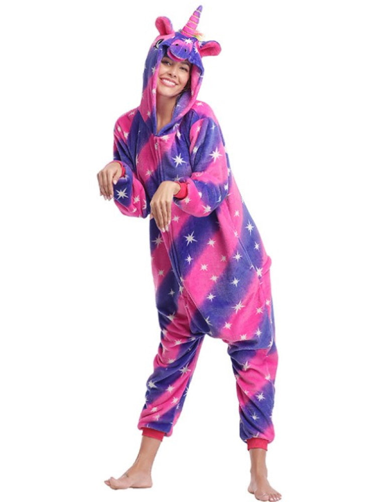 Pigiama pigiamone animale in flanella intero UNICORNO VIOLA, pigiama invernale, costume carnevale cosplay unisex adulto bimbo